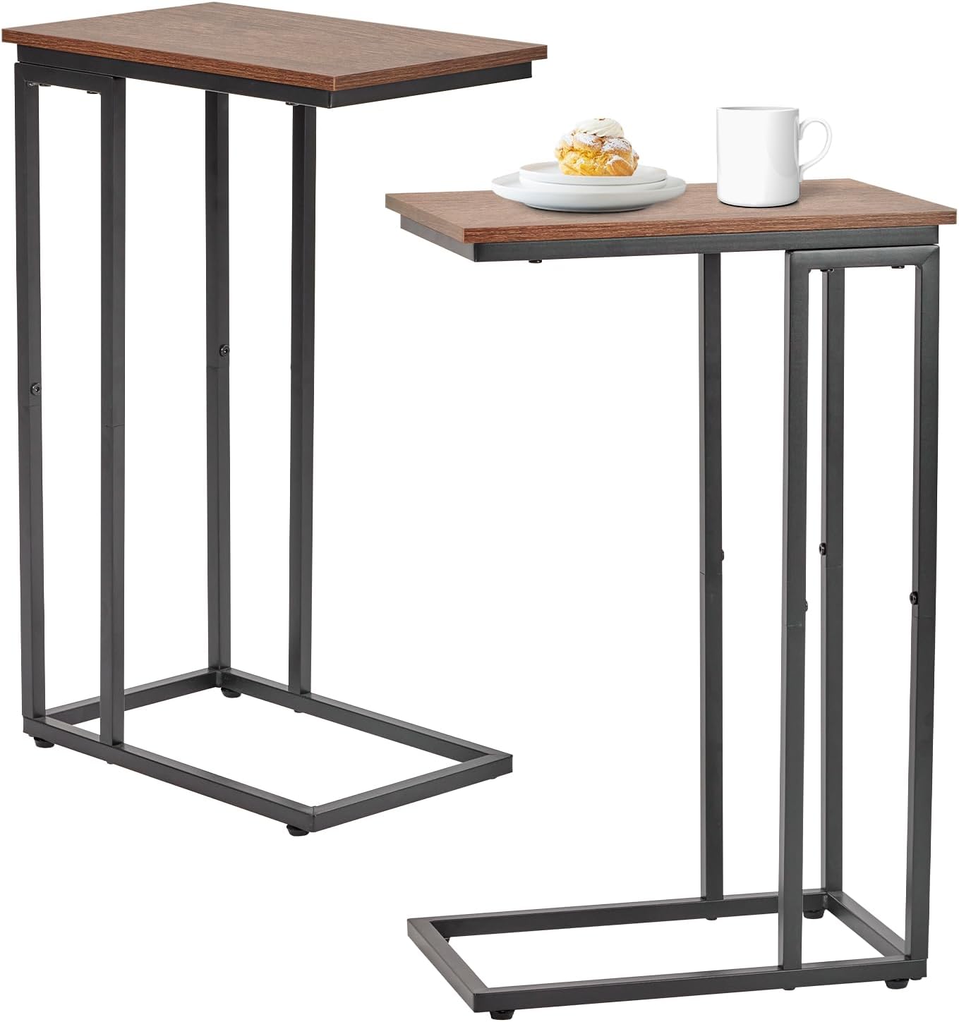 C-Shaped End Table, TV Tray Set of 2, Couch Side Laptop Table, for Living Room, Bedroom, Small Spaces, Rustic Brown and Black, 2 Pack