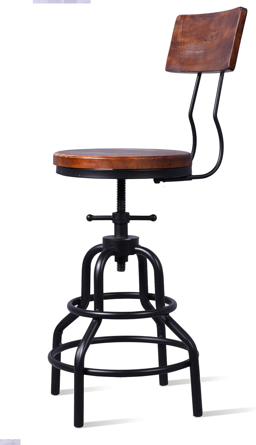 Diwhy Industrial Vintage Counter Stool, Kitchen Counter Height Adjustable Swivel Chair, Metal Frame Stool, with Wood Backrest, 20.47-26.77 Inch, Fully Welded Base, Set of 2