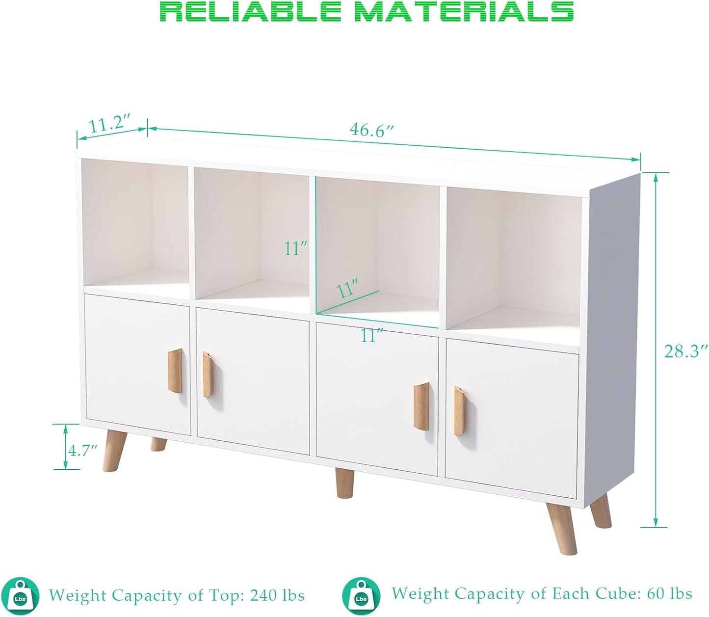 Cubby Shelf Bookcase with Doors - Wooden 8 Cube Floor Standing Open Bookshelf with Solid Wood Legs, 2-Tier Low Storage Cabinet, Warm White