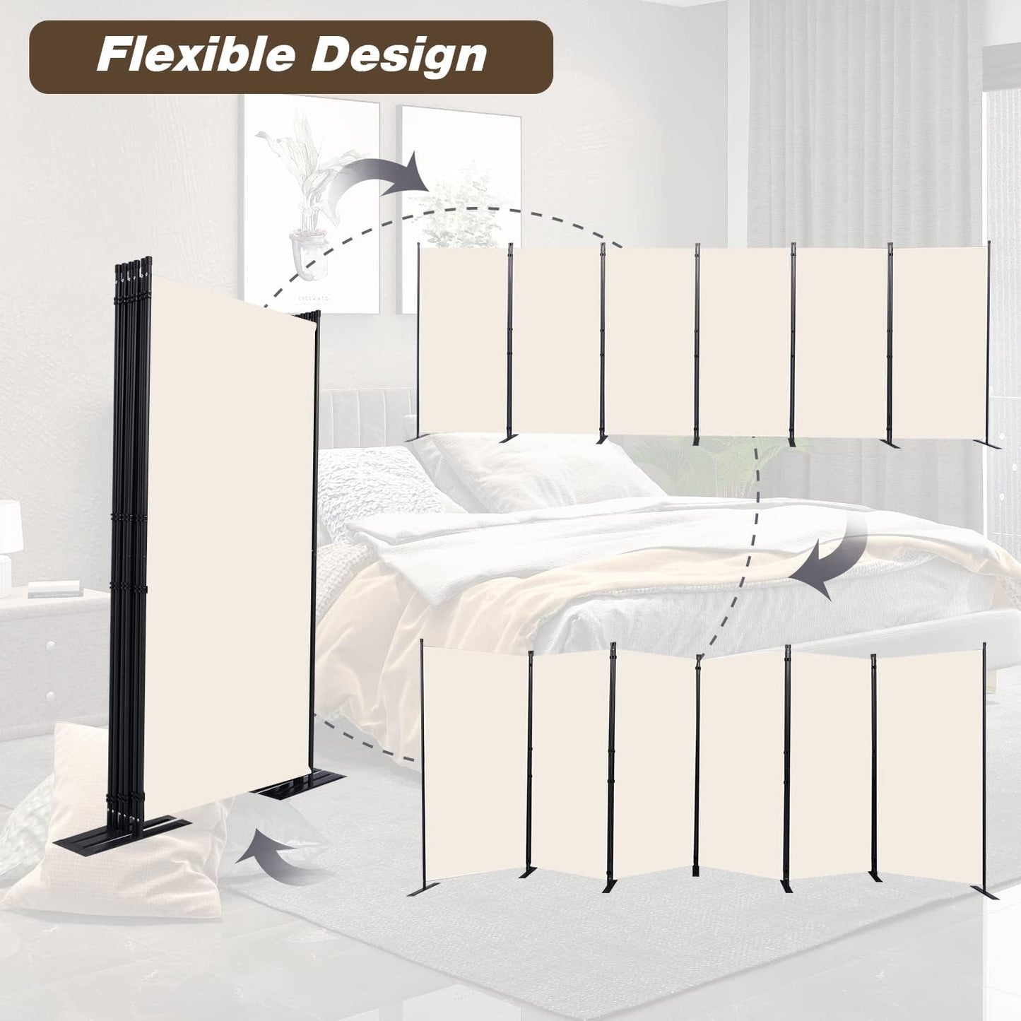 Room Divider, 6 Panel Folding Privacy Screens with Wider Support Feet, 6 Ft Portable Room Partition for Room Separator, 204" W X 71" H, Beige
