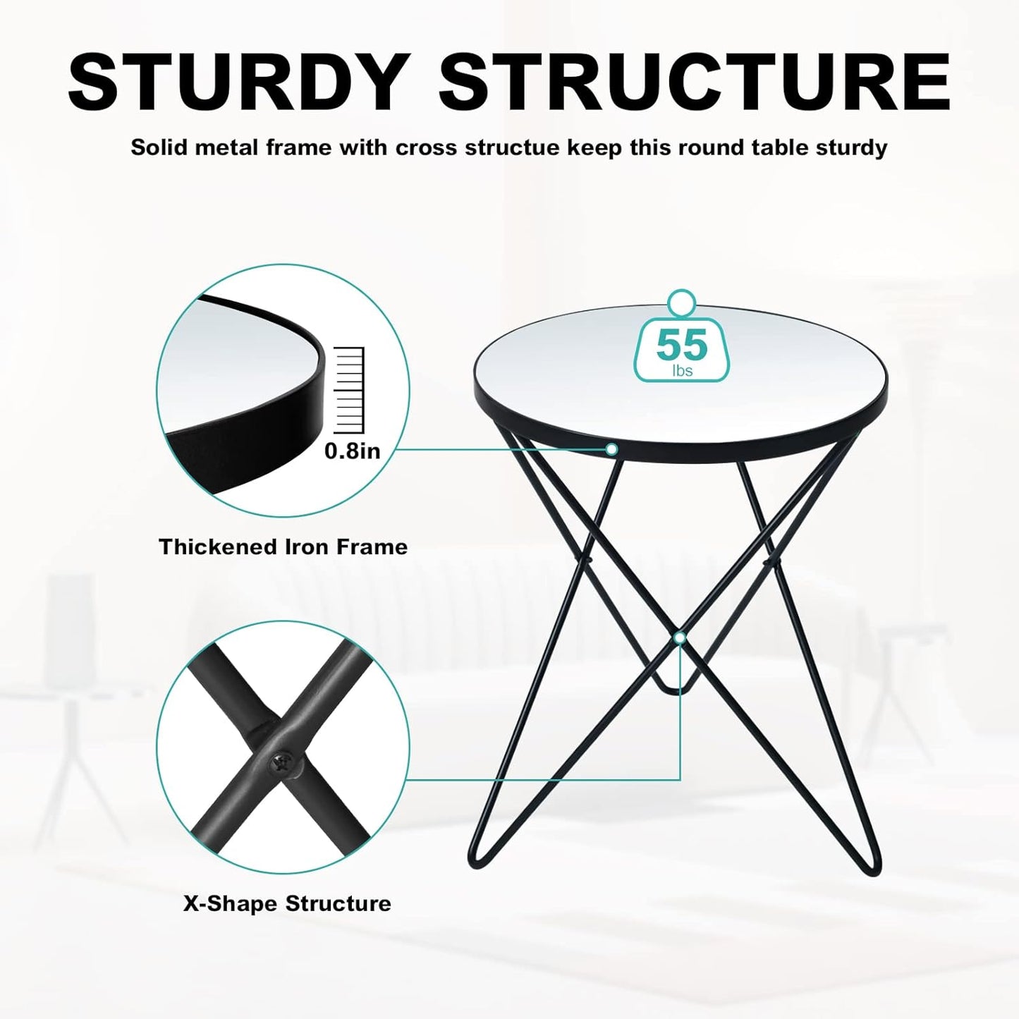 HLR Modern Round Side Table, End Table with Marble Effect Top and Gold Metal Frame, Small Side Table for Living Room, Bedroom, Sofa and Couch, Black Legs, Mirror top