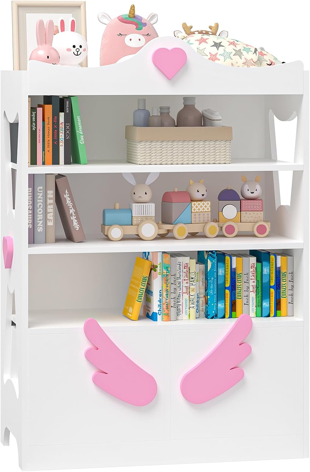 Timy Kids Bookcase 4-Tier Toy Storage Organizer Multifunctional Bookshelf with 2 Movable Drawers Bookcase Toy Storage Cabinet Display Stand for Bedroom