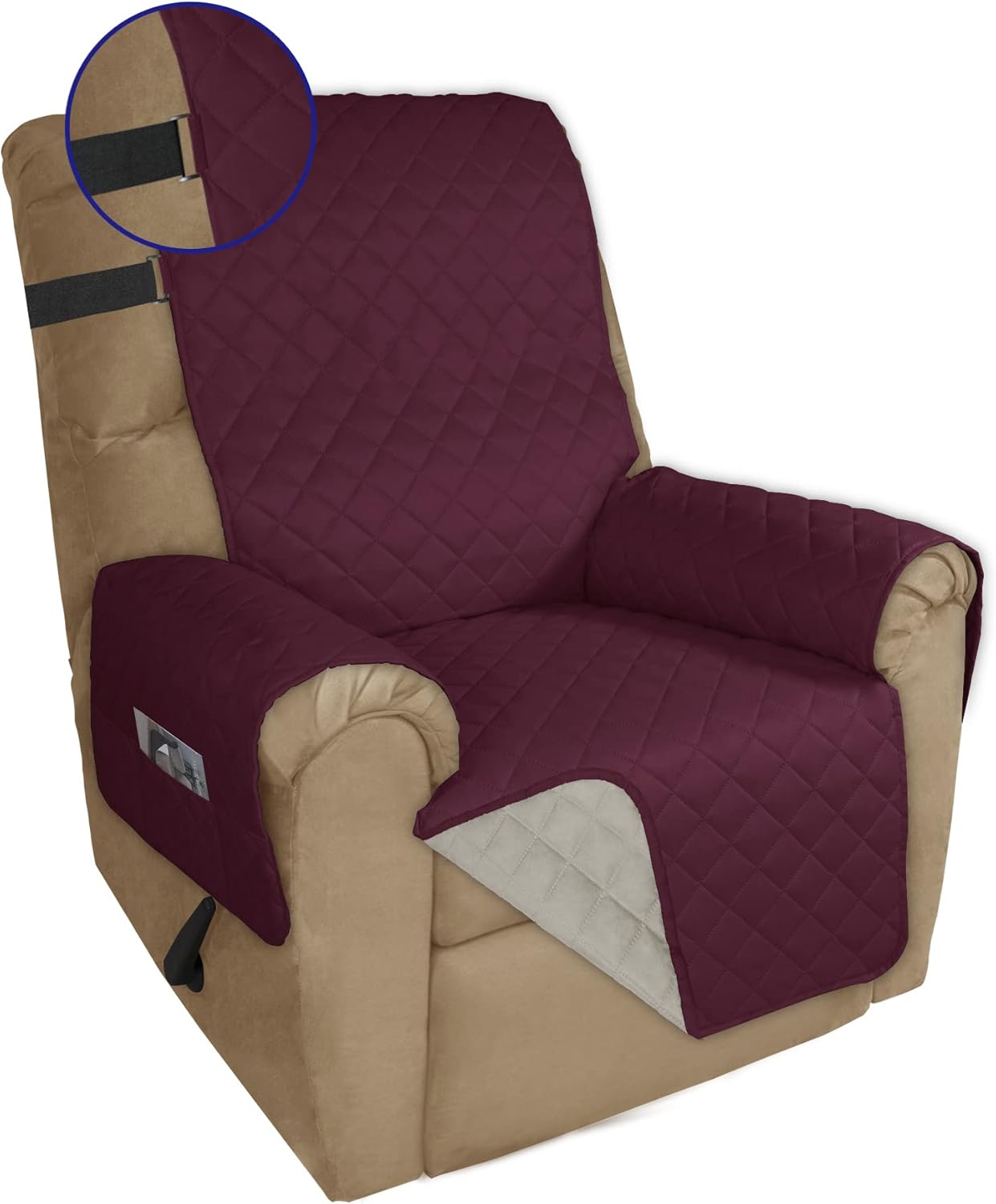 PureFit Reversible Sofa Cover Water Resistant Recliner Couch Cover, Machine Washable Furniture Cover with Adjustable Strap for Dogs, Pets (Recliner, Wine/Beige)