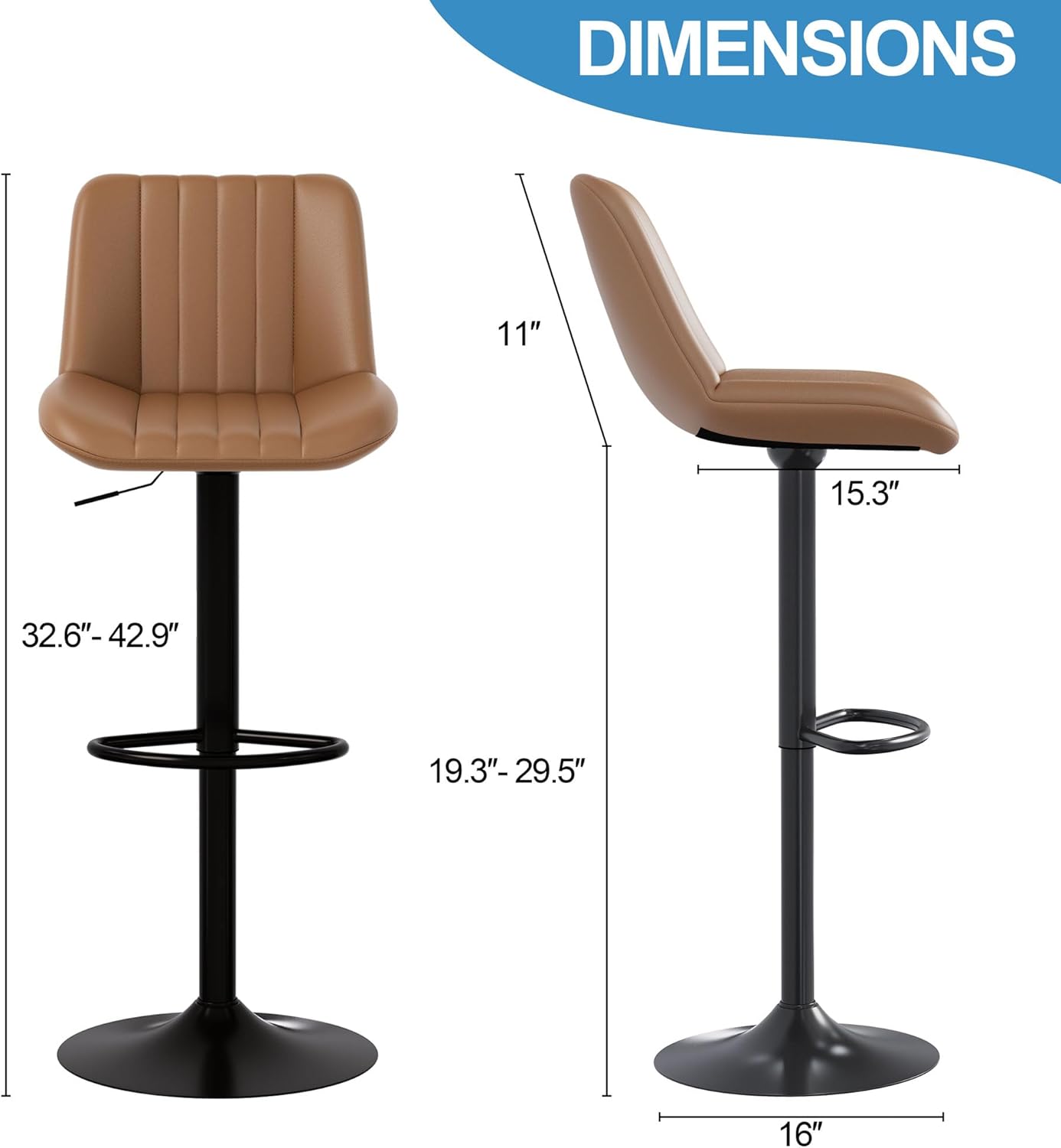 Shintenchi Swivel Bar Stools Set of 2, Adjustable Faux Leather Upholstered Swivel Counter Stools, Armless Bar Height Island Chairs with Back and Footrest, Coffee
