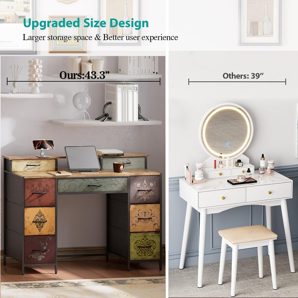 Dresser for Bedroom with 9 Drawers & 2 Open Shelves, Fabric Storage Cabinet, Chest of Drawers, Long Dresser for Closet, Wooden Top & Metal Frame, Pattern