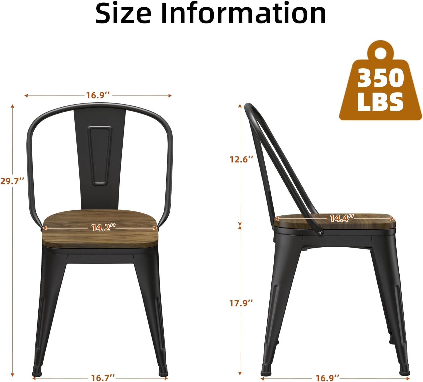 18 Inch Dining Chairs Set of 4, Farmhouse Metal Chairs with High Back and Wooden Seat, Stackable Industrial Bar stools for Dining Room(Black)