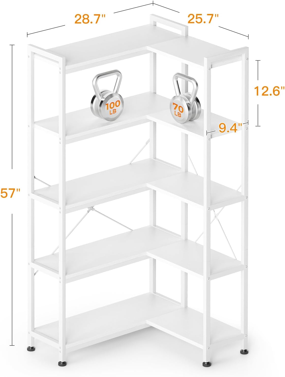 Casaottima Corner Bookshelf 5 Tier, 57 Inches Reversible Book Shelf for Living Room, Industrial Wooden Bookcase with Open Shelves and Metal Frame for Bedroom, Home Office, Kitchen, White
