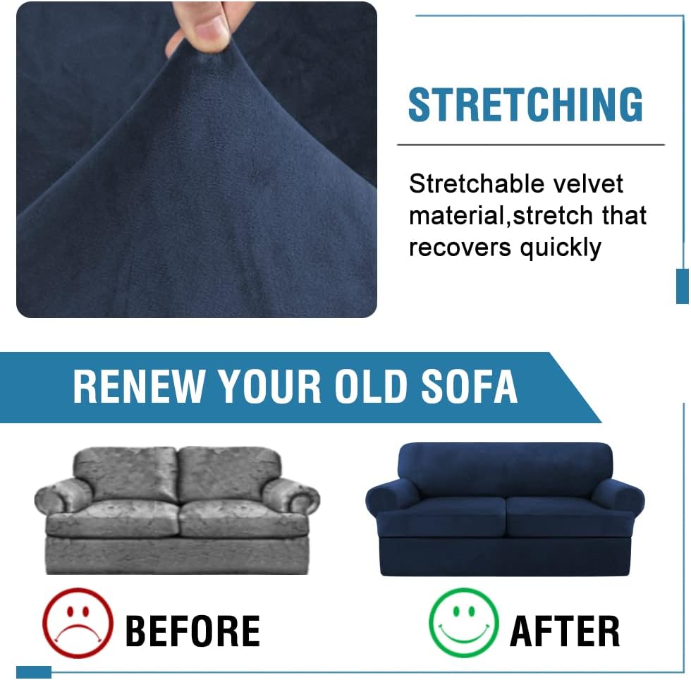 H.VERSAILTEX Sofa Cover 3 Piece T Cushion Loveseat Slipcovers Thick Velvet Couch Cover Furniture Protector Stretch T Cushion Sofa Covers for 2 Cushion Couch with 2 Individual T Cushion Covers, Navy