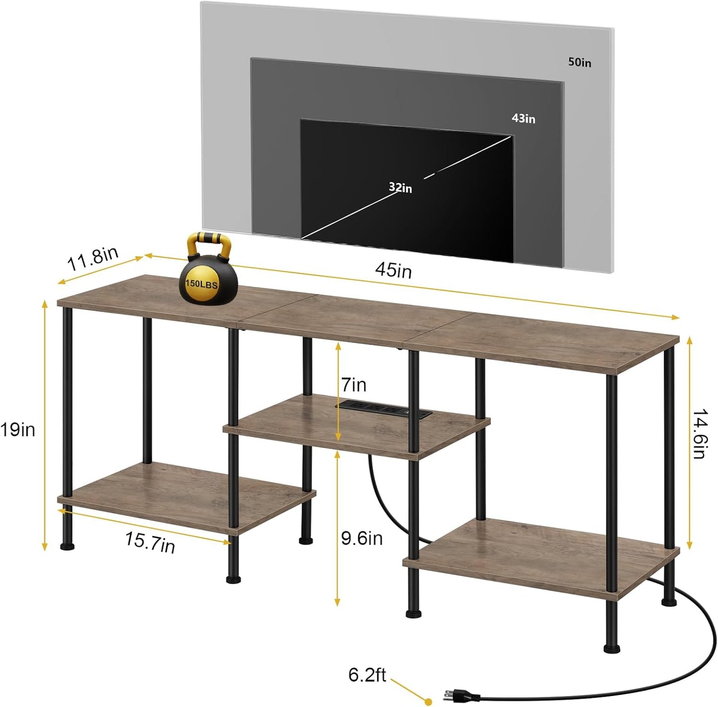 50 Inch TV Stand with Power Outlet Small Entertainment Center with Storage 3 Tier TV Consoles for Living Room Bedroom Office, Farmhouse TV Media Console Table for 50 43 40 32 Inch TV, Rustic Grey