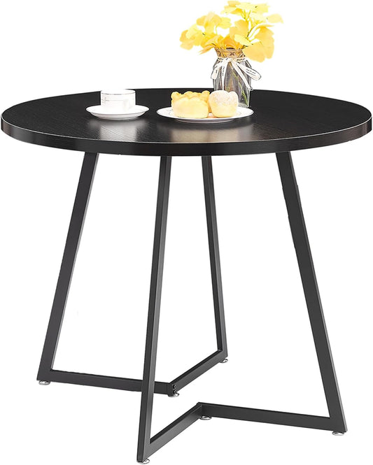 VECELO Round Dining Room Table with Wood Grain Tabletop and Steel Frame, for Kitchen, Living Room, Office, Conference, 2 to 4 Person, Black