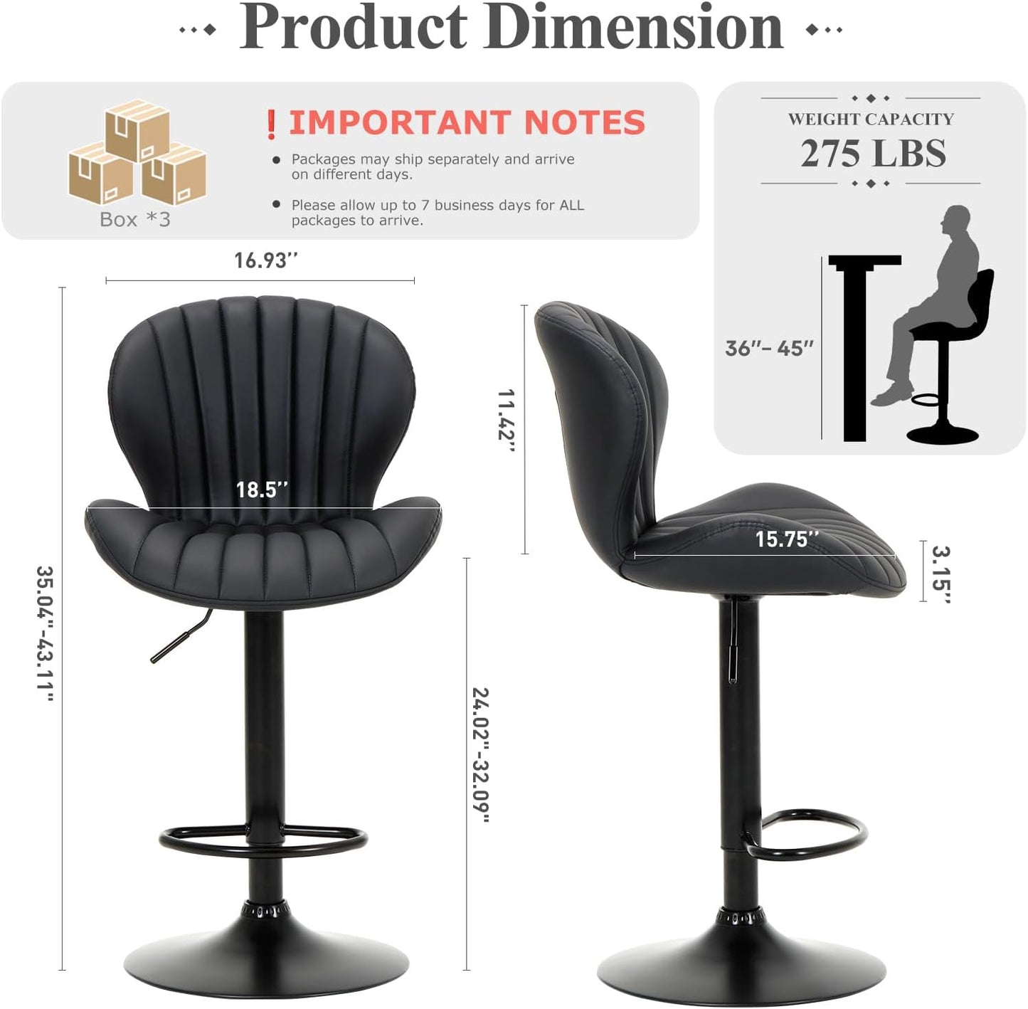 COLAMY Bar Stools Set of 6, Modern Swivel Bar Chairs, Adjustable Faux Leather Upholstered Barstools Counter Height with High Backrest for Bar, Kitchen Island, Dining Room, Black