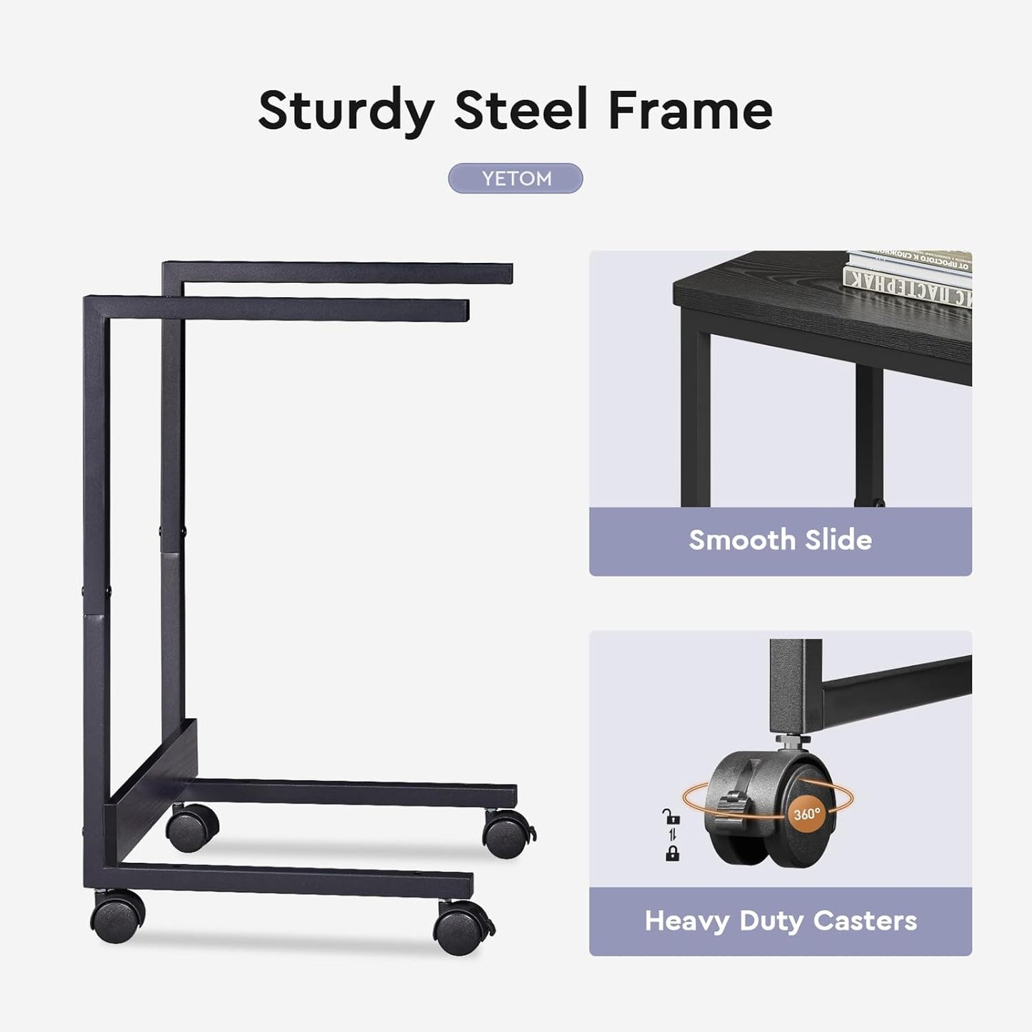 Side Table,C Table with 2-Tier Storage Shelf, End Table with Metal Frame, Sofa Table with Wheels for Living Room, Bedroom, Office, Bathroom, Easy Assembly, Black