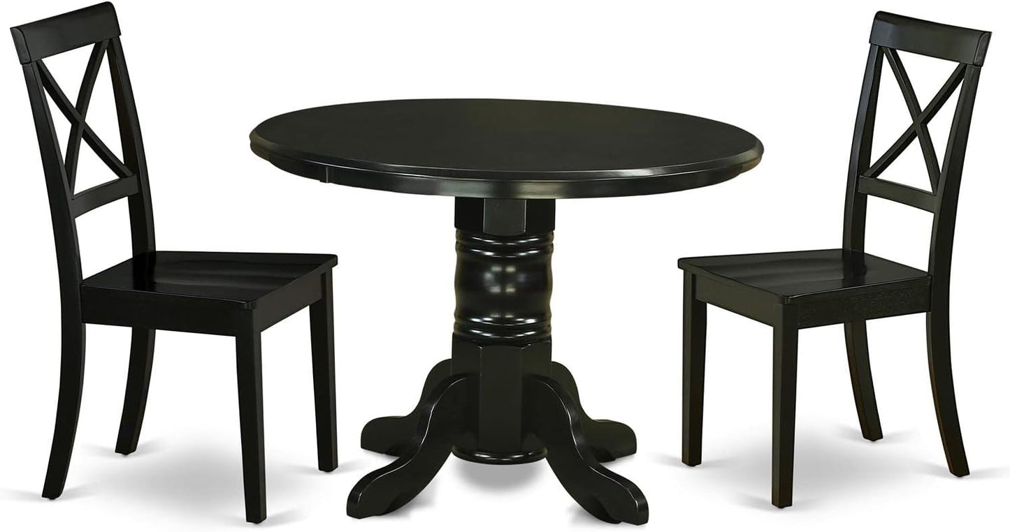 East West Furniture SHBO3-BLK-W 3 Piece Dining Room Furniture Set Contains a Round Kitchen Table with Pedestal and 2 Dining Chairs, 42x42 Inch, Black