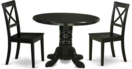 East West Furniture SHBO3-BLK-W 3 Piece Dining Room Furniture Set Contains a Round Kitchen Table with Pedestal and 2 Dining Chairs, 42x42 Inch, Black