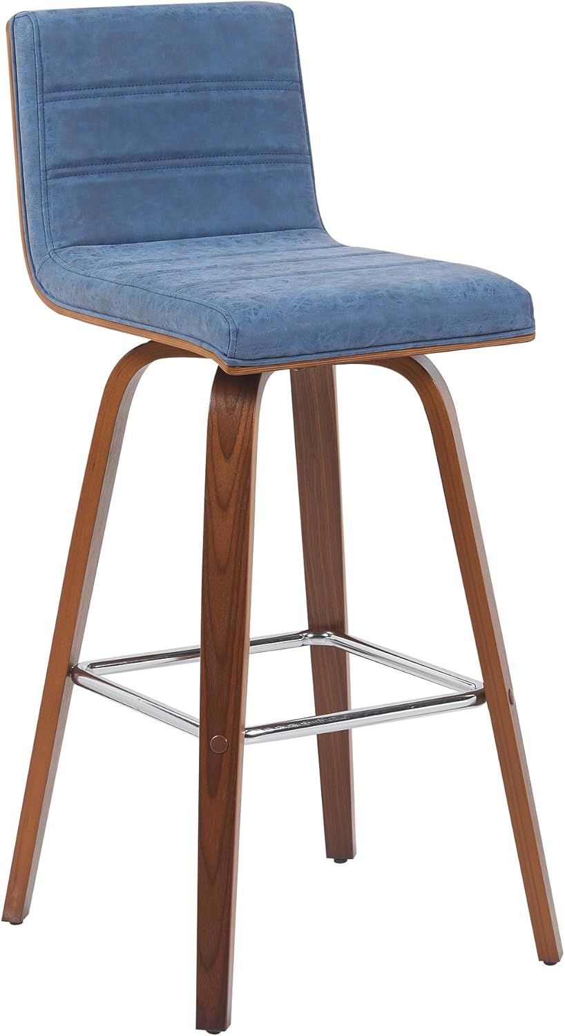 Armen Living Vienna Modern Swivel 30" Bar Height Barstool with Vintage Blue Faux Leather and Walnut Wood Finish