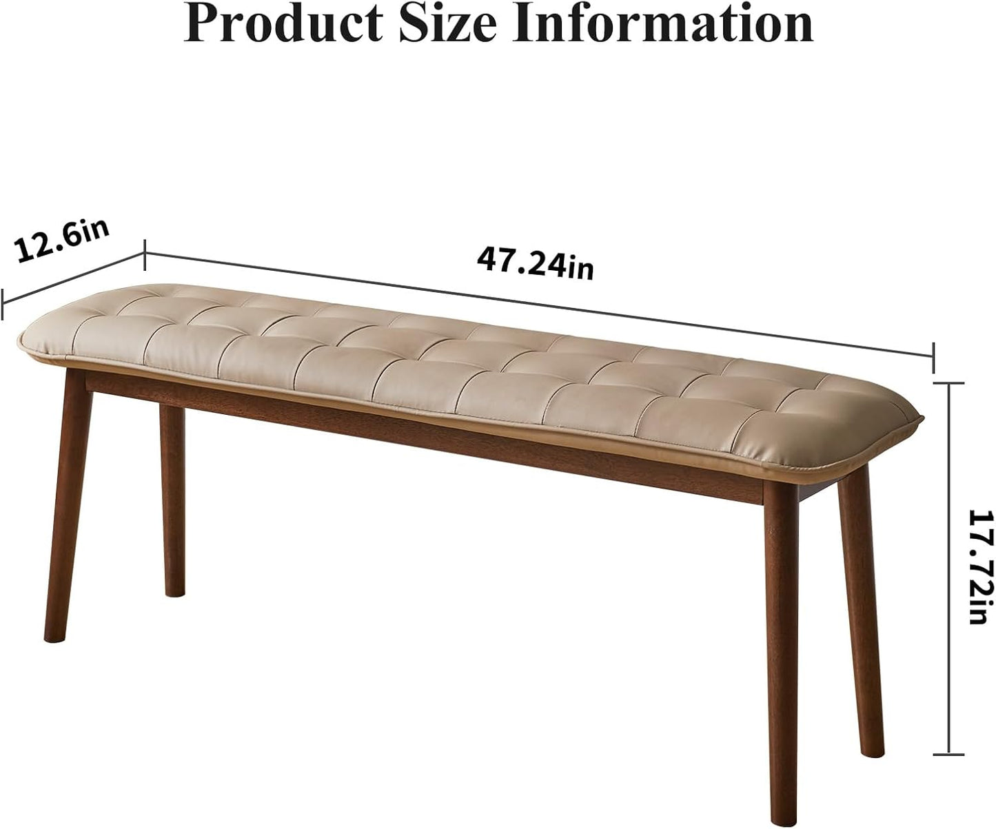Entryway Bench, Solid Wood Dining Bench, Midcentury End of Bed Bench with PU Leather Padded Seat, Bedroom Bench, 47.24" L x 12.6" W x 17.72" H (Beige)