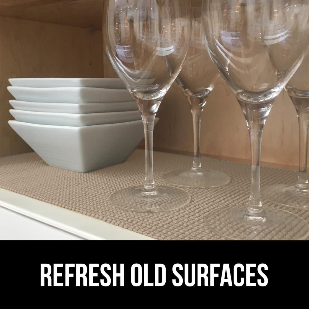 GORILLA GRIP powerGRIP Drawer Shelf and Cabinet Liner, Thick Strong Hold, Non-Adhesive Liners Protect Kitchen Cabinets and Cupboard, Bathroom Drawers, Easy Install, Breathable Mat, 17.5" x30', Beige