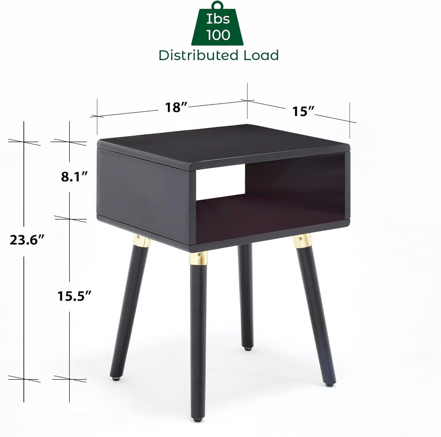 Bme Dinkee Solid Wood Nightstand, Fully Assembled, Without Drawer for Mid Century Bedroom and Living Room, Black
