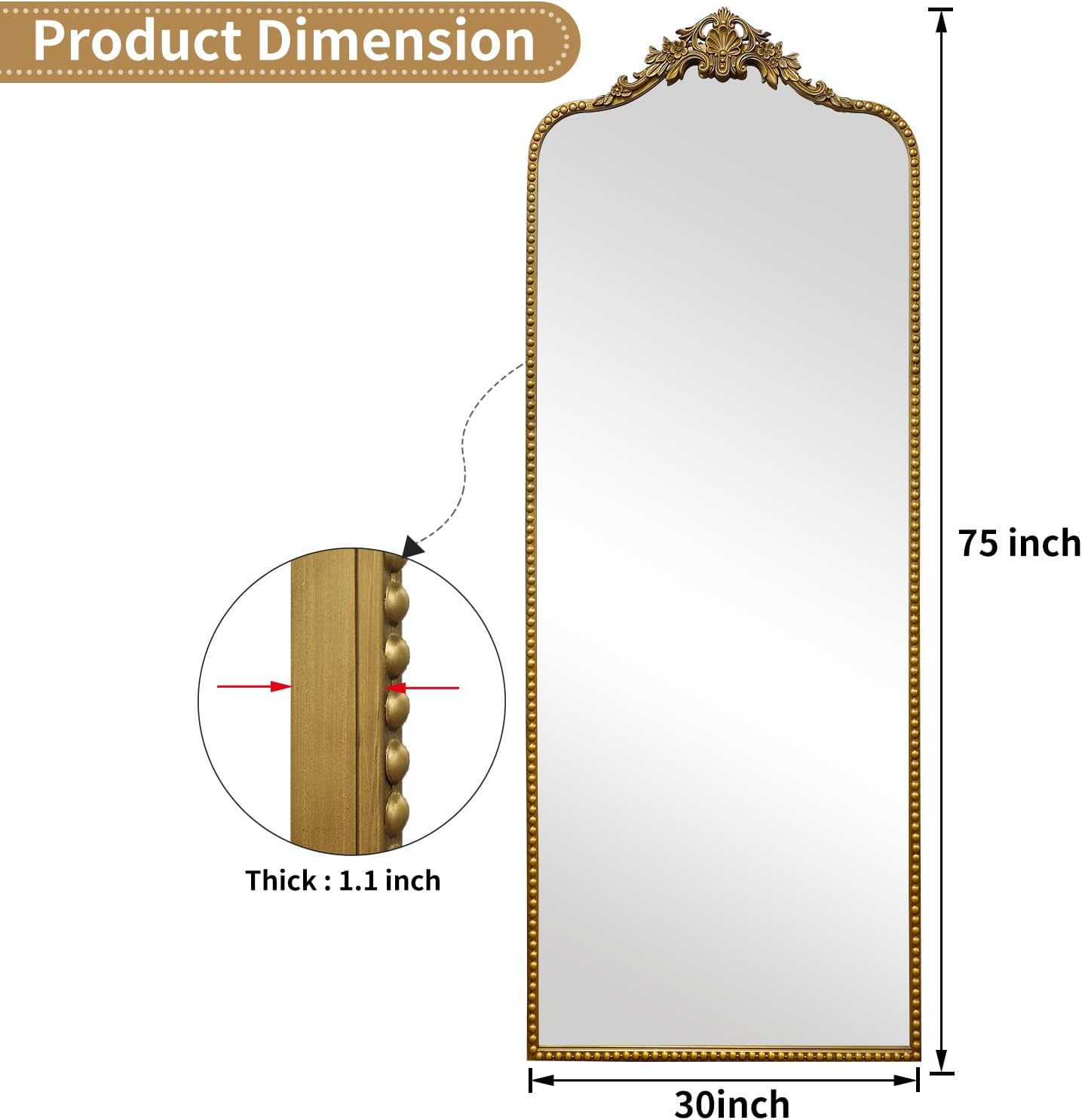 G-LEAF Vintage Baroque Full Length Floor Mirror 75"X30", Victorian Antique Mirror with Brush Gold Ornate Metal Frame for Fireplace Entryway Living Room Hallway Bathroom