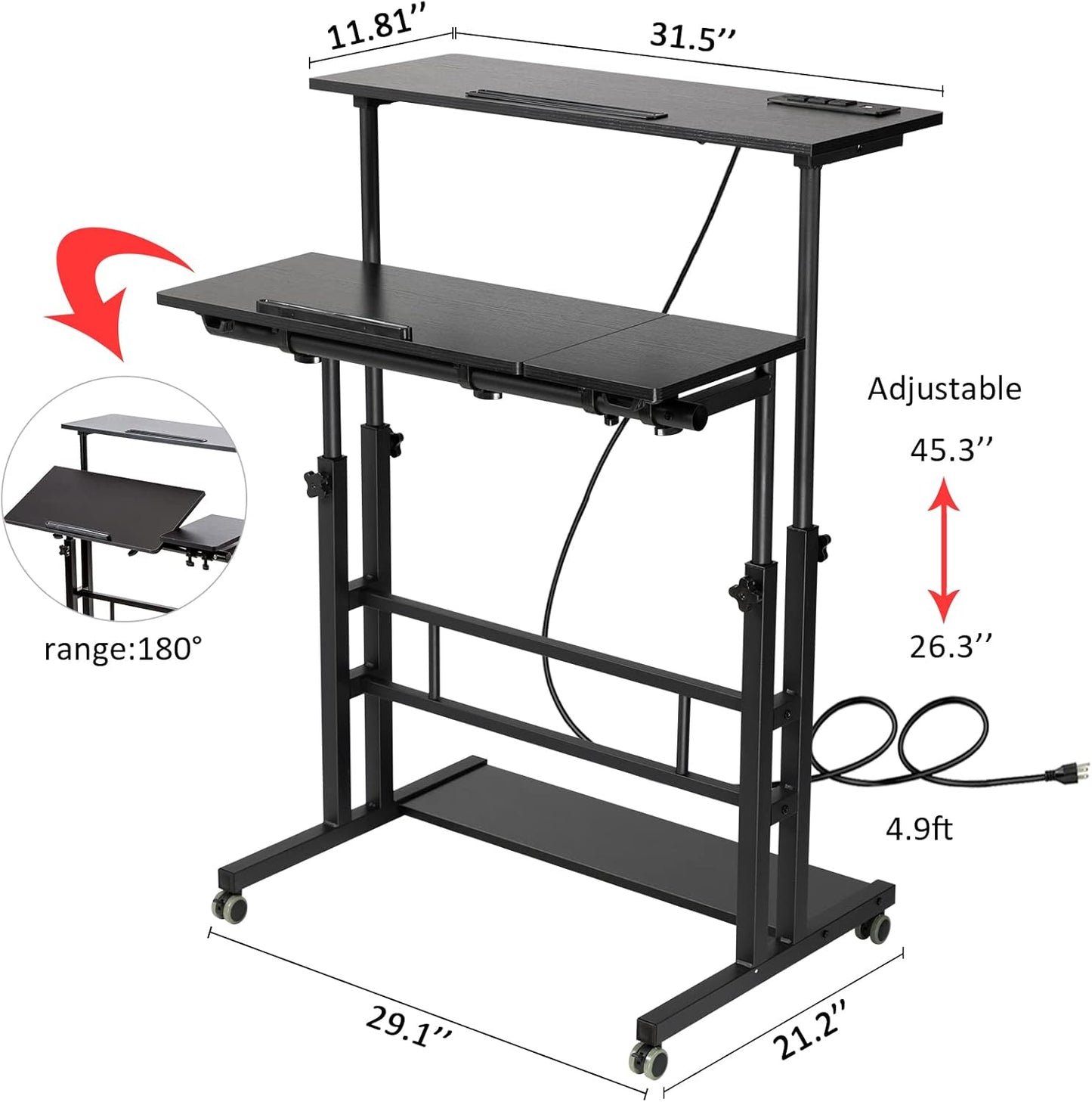 Hadulcet Stand Up Desk, Rolling Desk Adjustable Height, Mobile Standing Desk with Wheels & Charging Station, Portable Stand for Laptop, Rolling Computer Cart TV Tray, Small Standing Desk Drawing Table