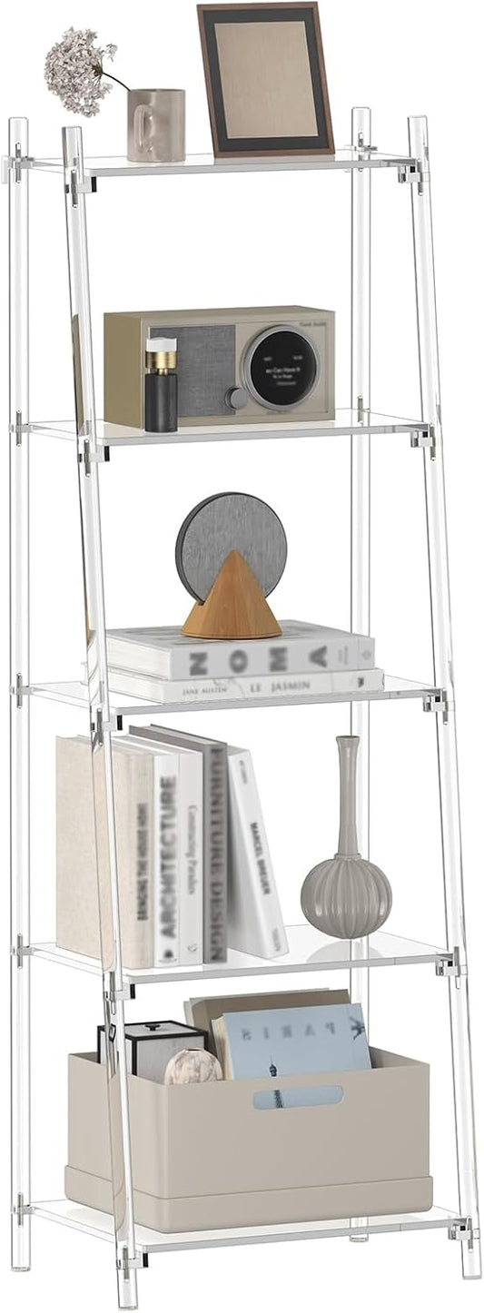 Acrylic Ladder Bookshelf, 13.8" D x 20.5" W x 59" H, 5-Tier Tall Clear Bookcase, Multifunctional Storage Book Shelf for Living Room, Bedroom, Office, Modern, Easy Assembly