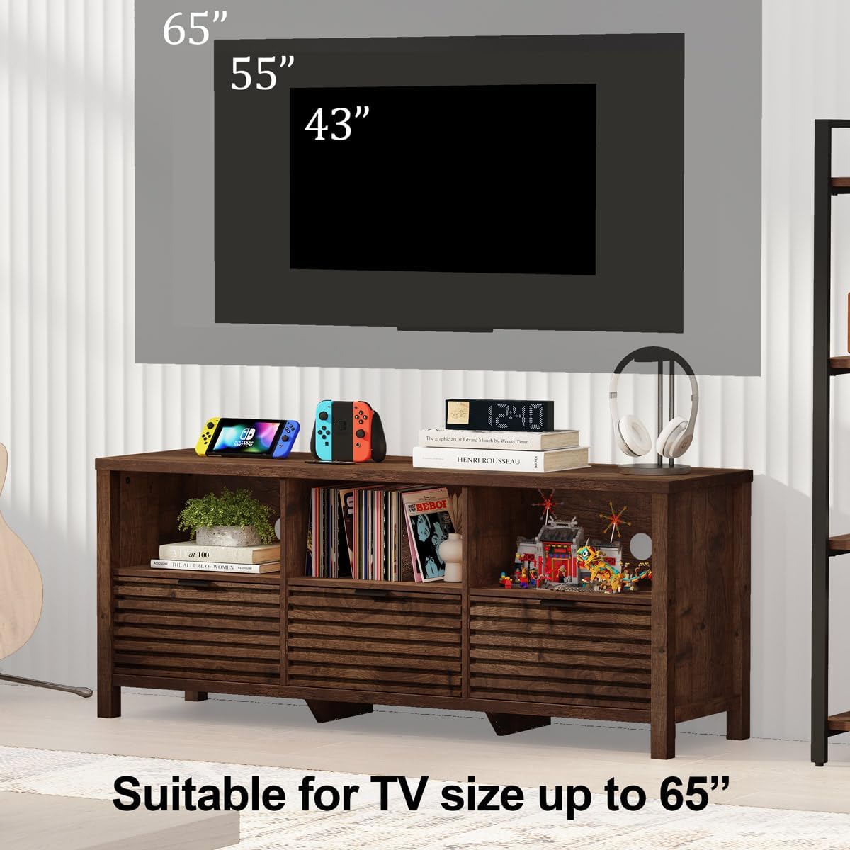 BON AUGURE Fluted TV Stand for 65/55/50 Inch TVs, Brown Modern Entertainment Center with Storage Drawers and Shelves, Wood Television Media Console Cabinet for Living Room,Bedroom (Rustic Oak)