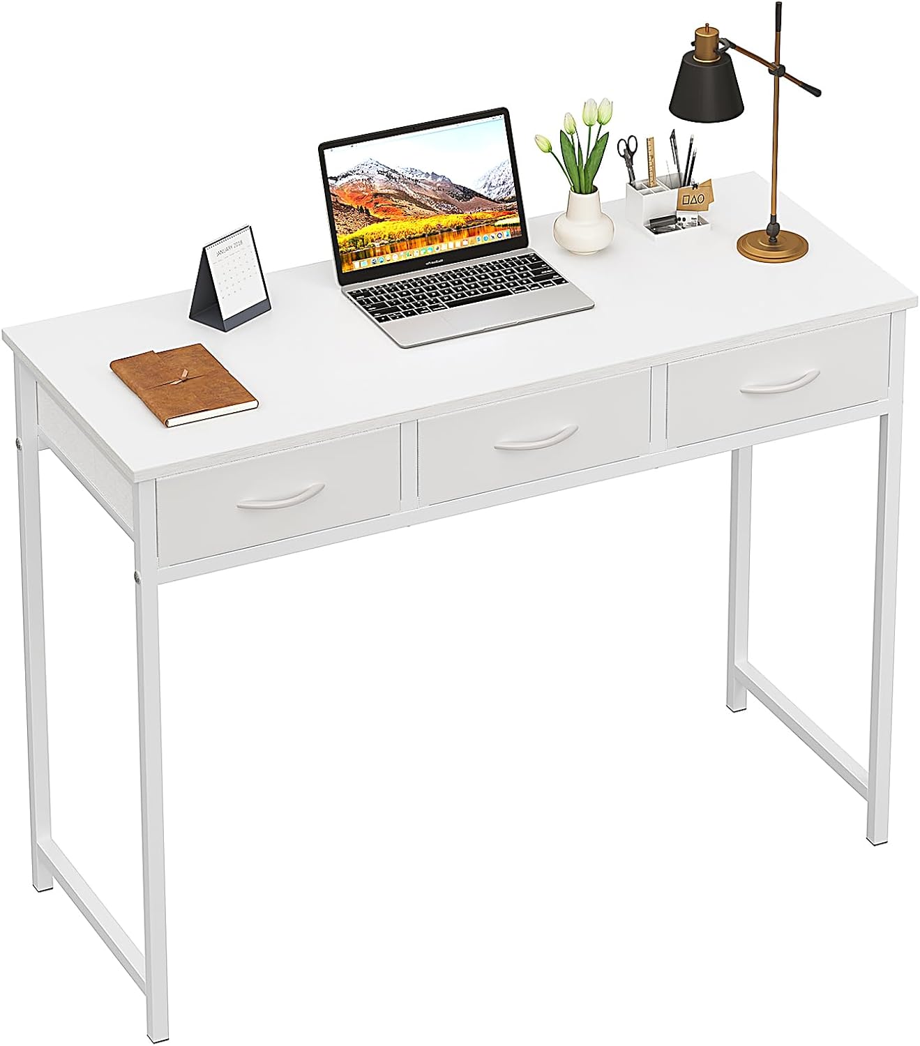 WOHOMO Small Computer Desk with Drawers, 39.3 Inch Vanity Desk with Storage, Home Office Computer Desk for Small Spaces, Modern Work Writing Study Table, White