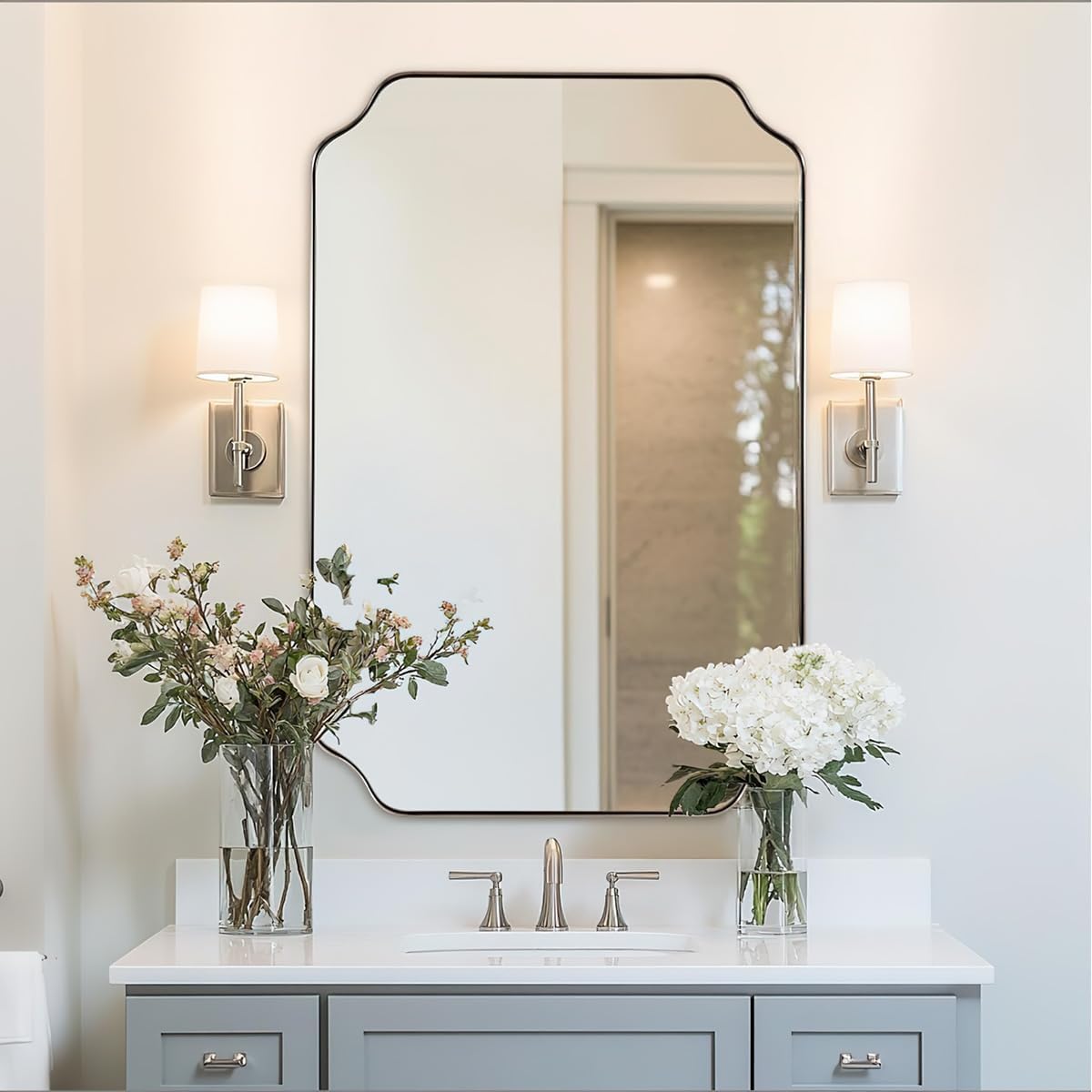 ANDY STAR 26x38 Inch Mirror for Bathroom, Brushed Nickel Scalloped Rectangle Mirror, Silver Bathroom Vanity Mirror in Rust-Proof Stainless Steel 1" Frame, Modern Scalloped Edge Design