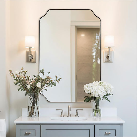 ANDY STAR 26x38 Inch Mirror for Bathroom, Brushed Nickel Scalloped Rectangle Mirror, Silver Bathroom Vanity Mirror in Rust-Proof Stainless Steel 1" Frame, Modern Scalloped Edge Design