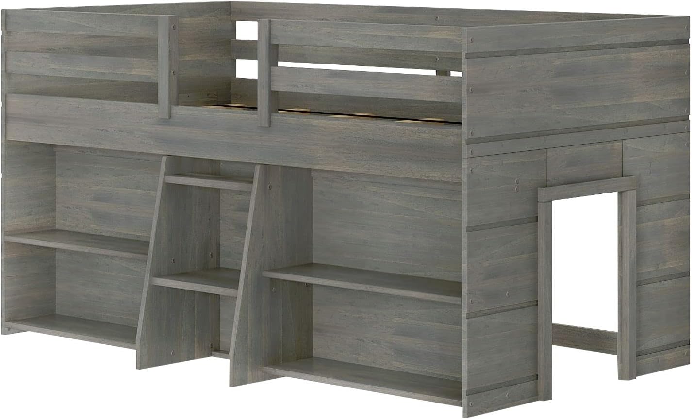 Max & Lily Modern Farmhouse Low Loft Bed, Twin Bed Frame for Kids with 2 Bookcases, Driftwood