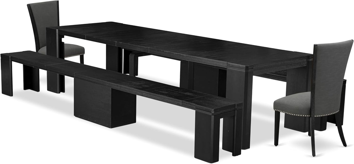 X02VE-206-50 - 5-pc Dining Room Table Set a Rectangular Dining Table and 2 wooden Benches and 2 Dark Gotham Grey Linen Fabric Chairs, 39x120 Inch, Wire Brushed Black