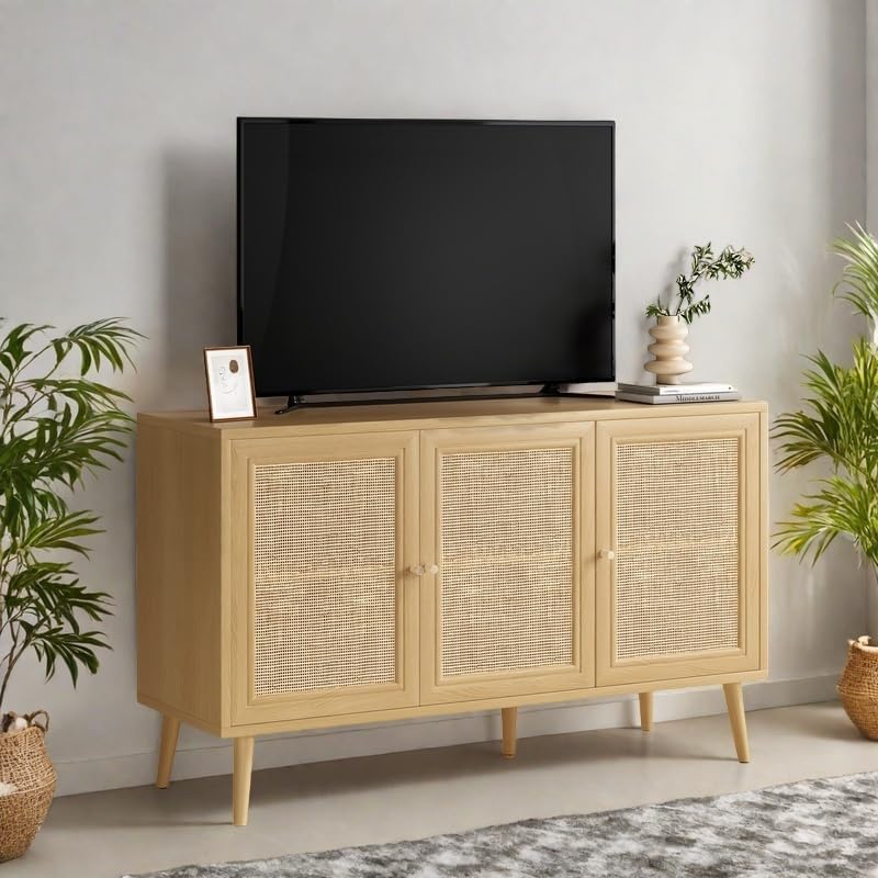 Rattan Entryway Table, Entertainment Center with Adjustable Shelf, Sideboard Buffet Cabinet with 3 Rattan Doors, Modern Console Cabinet with Large Storage for Living Room, Kitchen, Brown