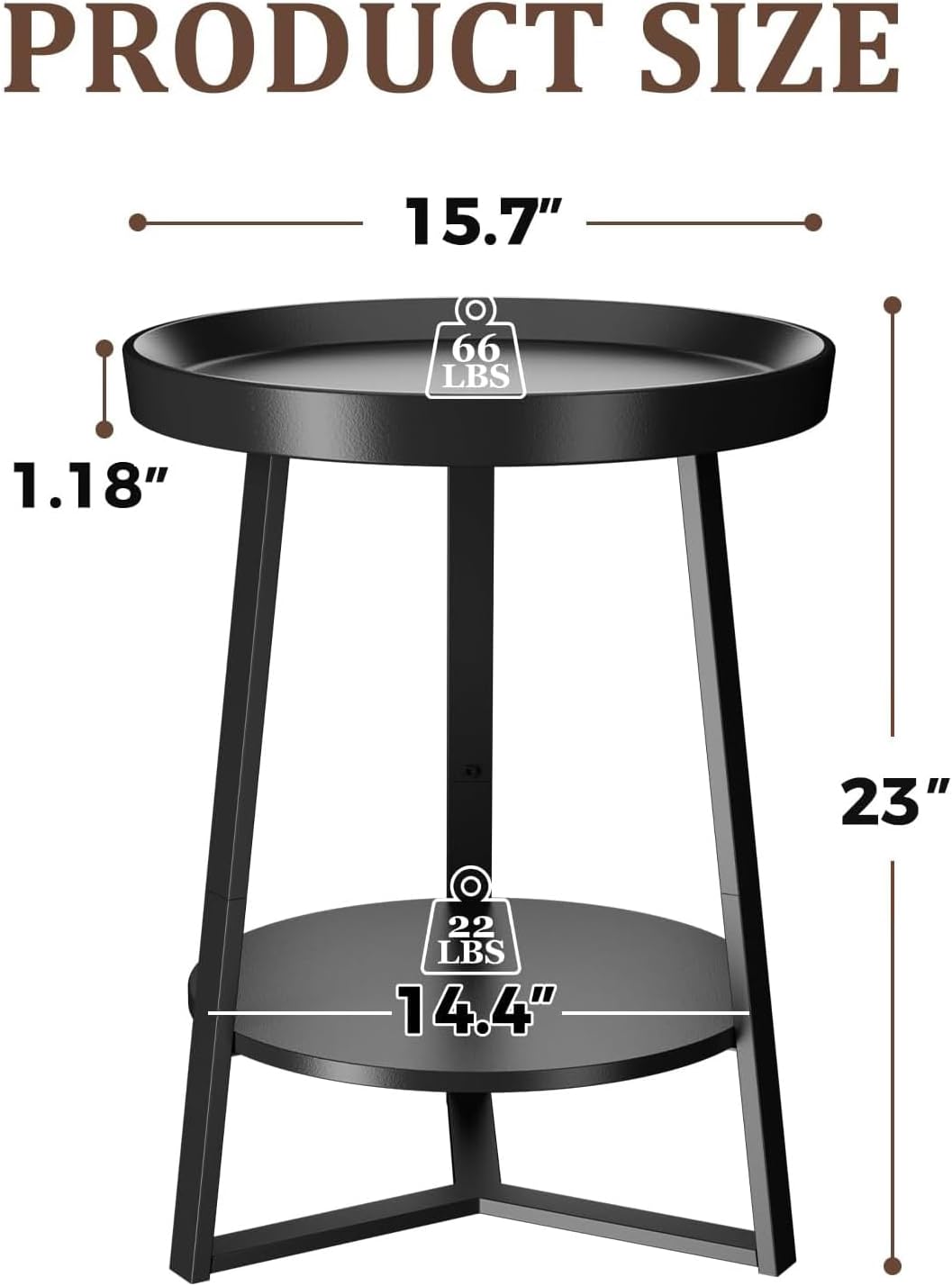 Gadroad Round End Table with Storage Shelf, 2 Tier Farmhouse Side Table Nightstand for Living Room, Bedroom, Wood Tabletop & Black Metal Frame, Black 15.7 * 15.7 * 23.0inches