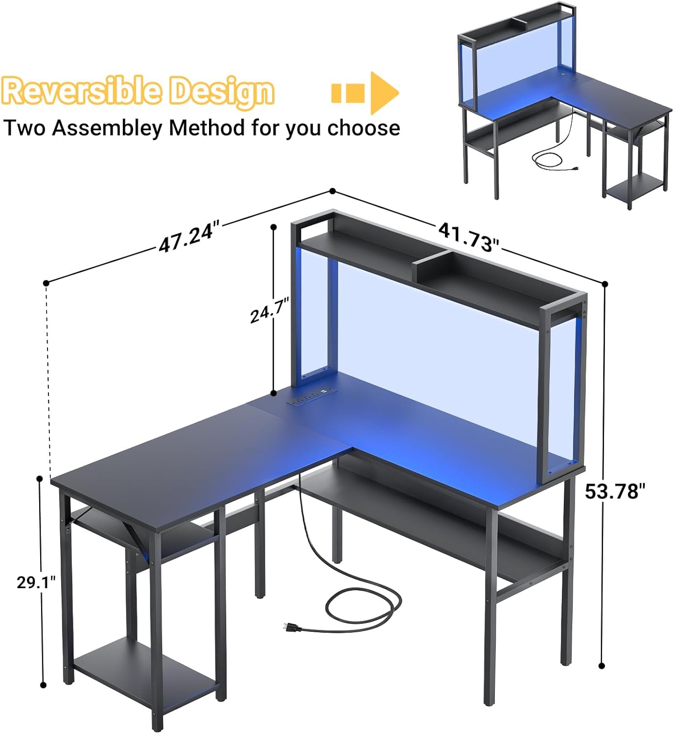 Unikito L Shaped Gaming Desk with LED Strip and Power Outlets, Reversible L-Shaped Computer Desk with Storage Shelves, Corner Desk with Hutch, 2 Person Home Office Desk, Black