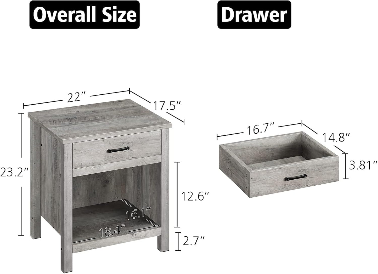 IDEALHOUSE Farmhouse Nightstand Set of 2 with Drawer, Grey Night Stand End Tables Living Room with Storage Shelf, Wooden Bedside Tables for Bedroom Nursery Office (2 Pack)