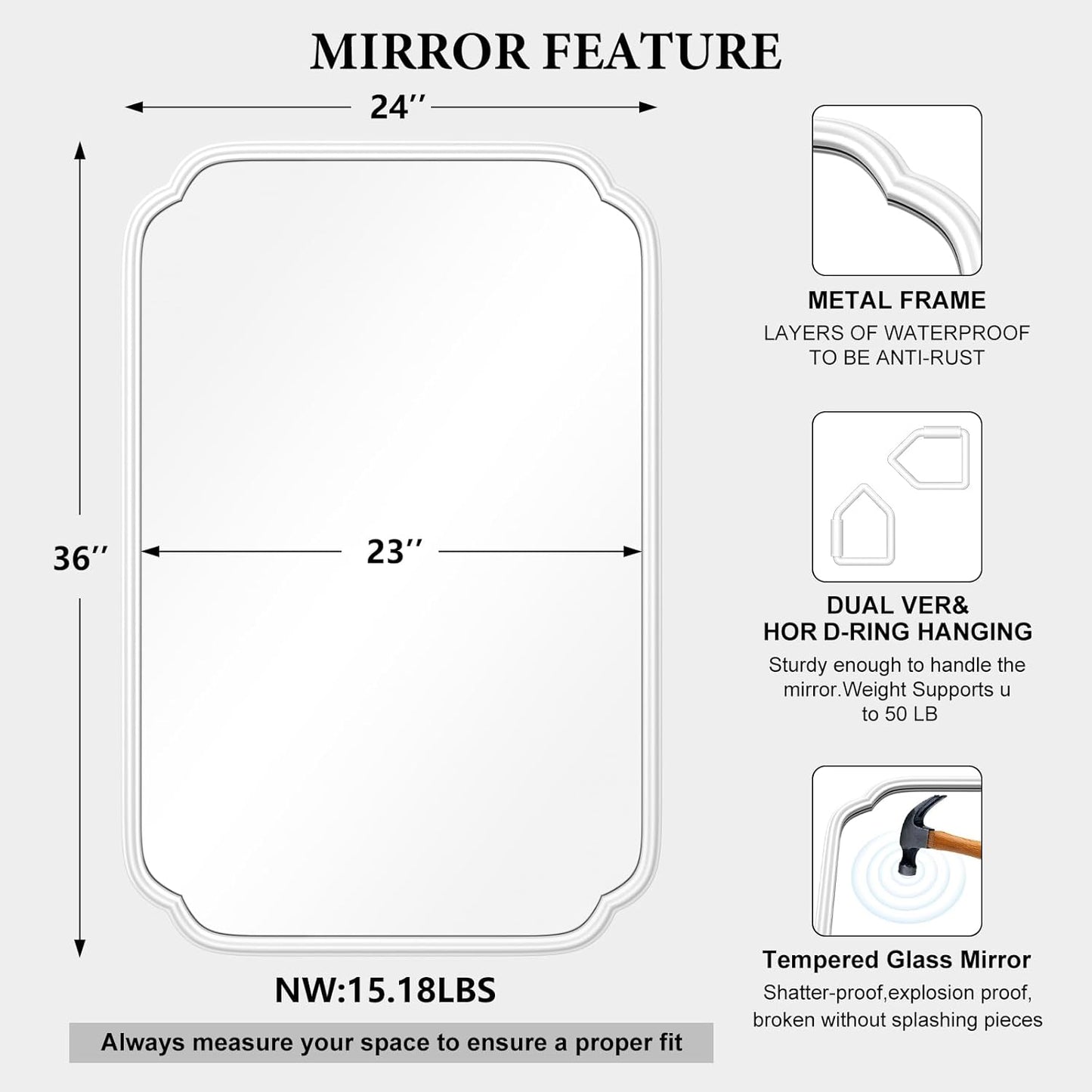 White Bathroom Mirror for Over Sink 24×36 Inch - Multi-Size Durable Iron Frame, Shatterproof Glass, Versatile for Bathroom/Bedroom/Living Room Decor (Horizontal or Vertical Mount)