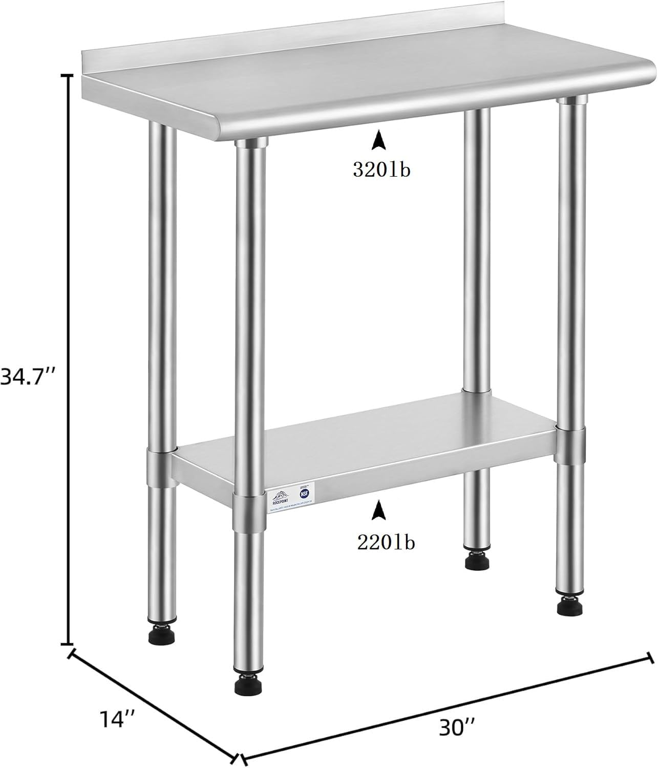 ROCKPOINT Stainless Steel Table for Prep & Work with Backsplash 14x30 Inches, NSF Metal Commercial Kitchen Heavy Duty Table with Adjustable Under Shelf and Table Foot for Restaurant, Home and Hotel