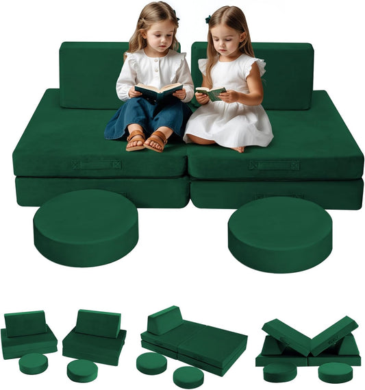 MeMoreCool 8-Piece Modular Kids Play Couch – Green Convertible Foam Toddler Sofa for Playroom, Fold-Out Baby Couch Play Set