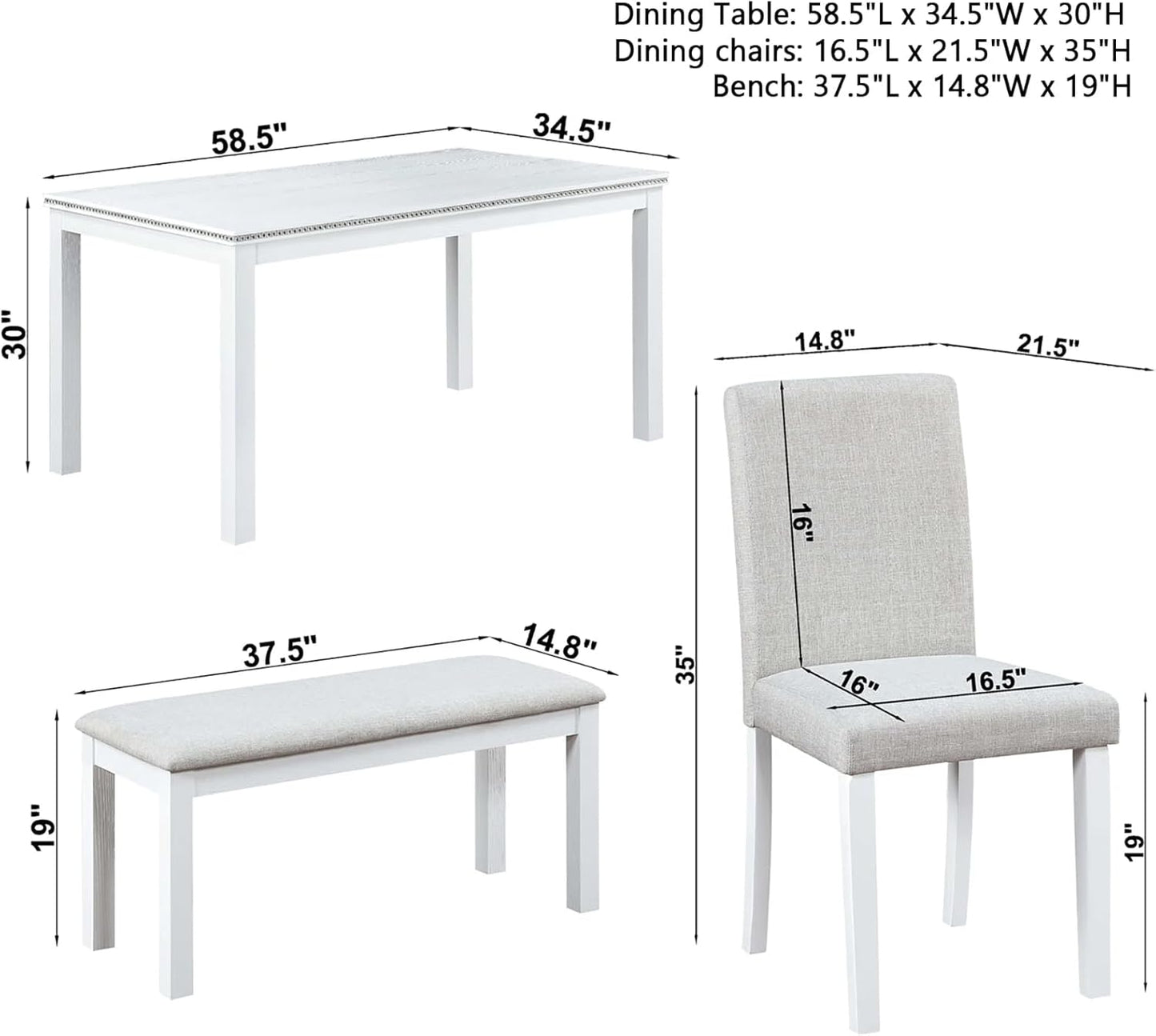 Dining Table Set for 5, 6 Piece Dining Room Table Set with Rectangular Crystal Decoration Table, 4 Upholstered Backrest Chairs and Bench, Counter Height Kitchen Sets with MDF Tabletop, White