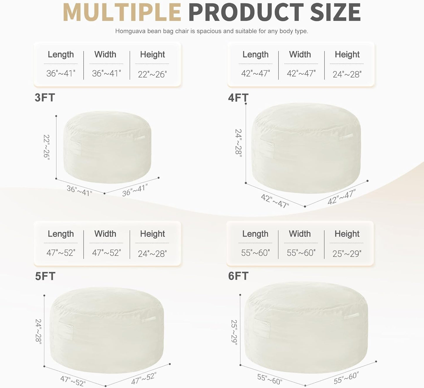 Homguava 4 FT Bean Bag Chair: 4' Bean Bags with Memory Foam Filled, Large Beanbag Chairs Soft Sofa with Dutch Velvet Cover-Beige