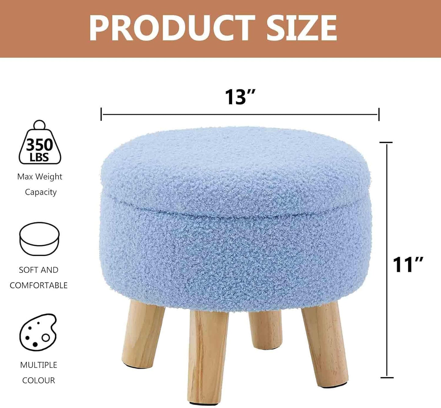 Wimarsbon Storage Ottoman, Modern Round Footrest with Soft Padded Seat, Teddy Velvet Footstool with Wood Legs, Accent Small Table or Plant Stand for Hallway, Living Room (Blue)