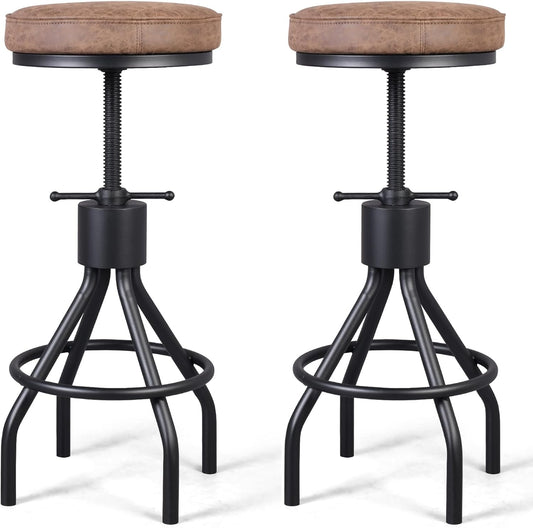 Set of 2-Vintage Bar Stool Swivel PU Leather Seat Kitchen Island Workbench Chair Height Adjustable 23-31 inch