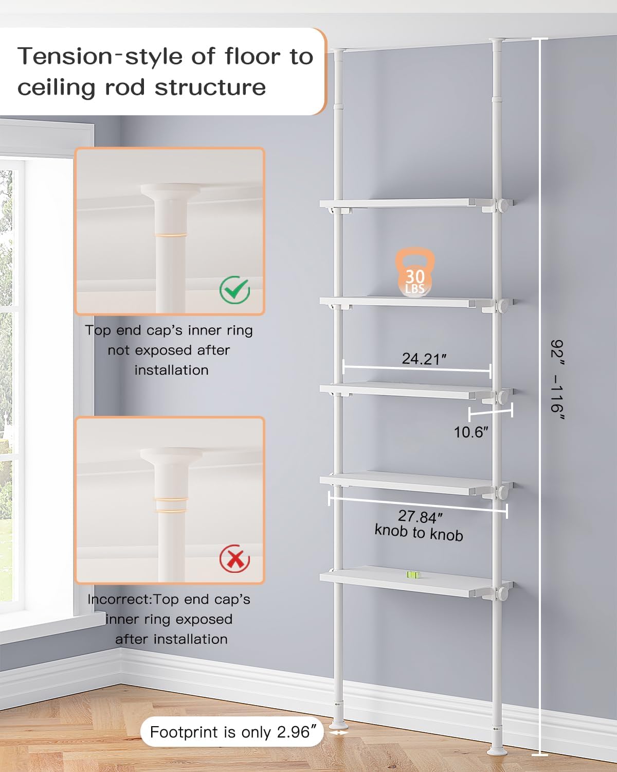 ALLZONE 5 Tiers Narrow Bookshelf, Tall Adjustable Ladder Book Shelf with Open Storage, Floor to Ceiling Tension Mount, Wooden Industrial Bookcase for Living Room, 92 to 116 Inch, White