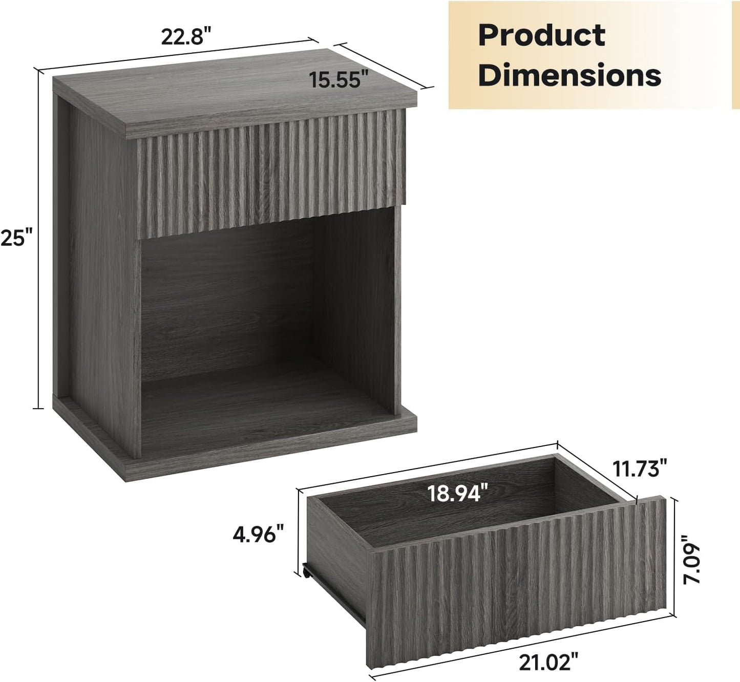 Fluted Nightstand, 22.8" Wide Nightstands with Drawer Storage Large Wood BedsideTable Night Stand for Bedroom, Grey Oak