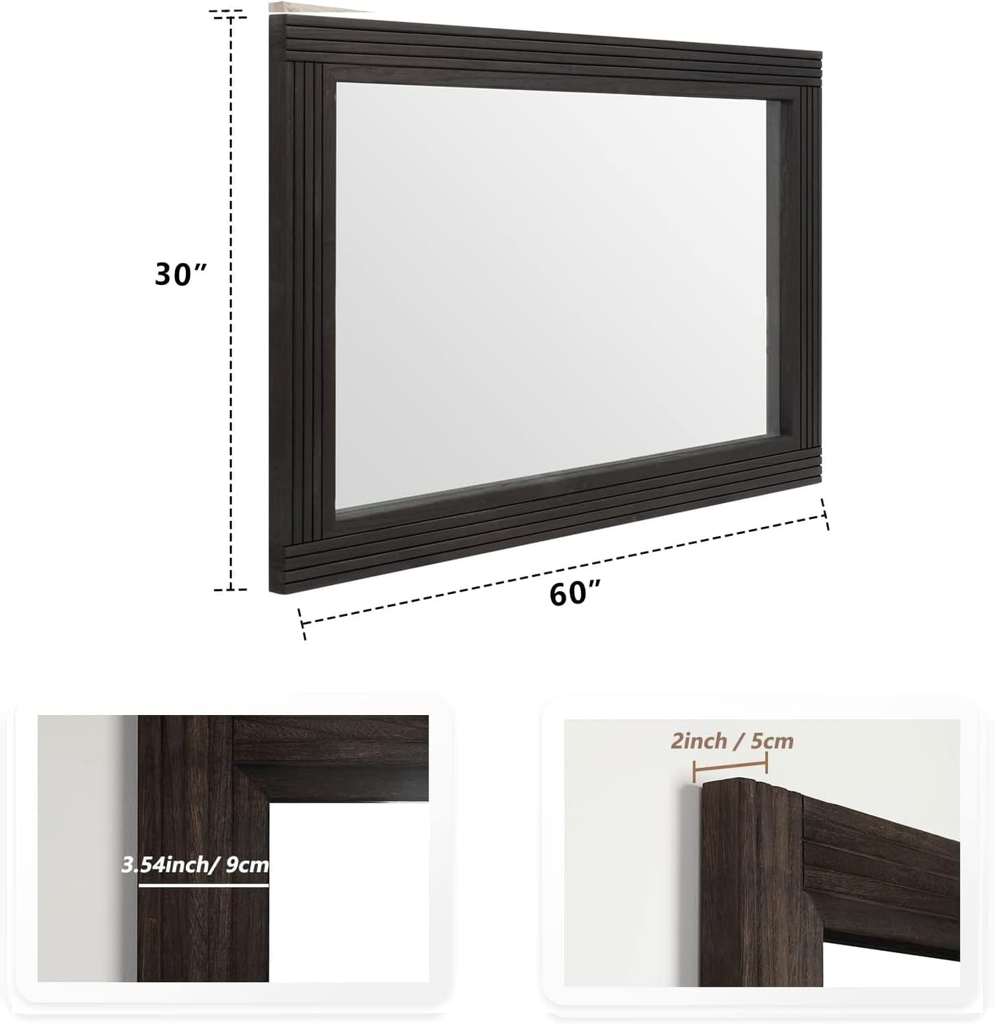 YOSHOOT Hand-Made Wooden Spliced Wall Mirror for Bathroom, Rustic Farmhouse Vanity Mirror, Décor Wall Art, Solid Wood Frame, Vertical or Horizontal Hanging, 60" x 30", Black