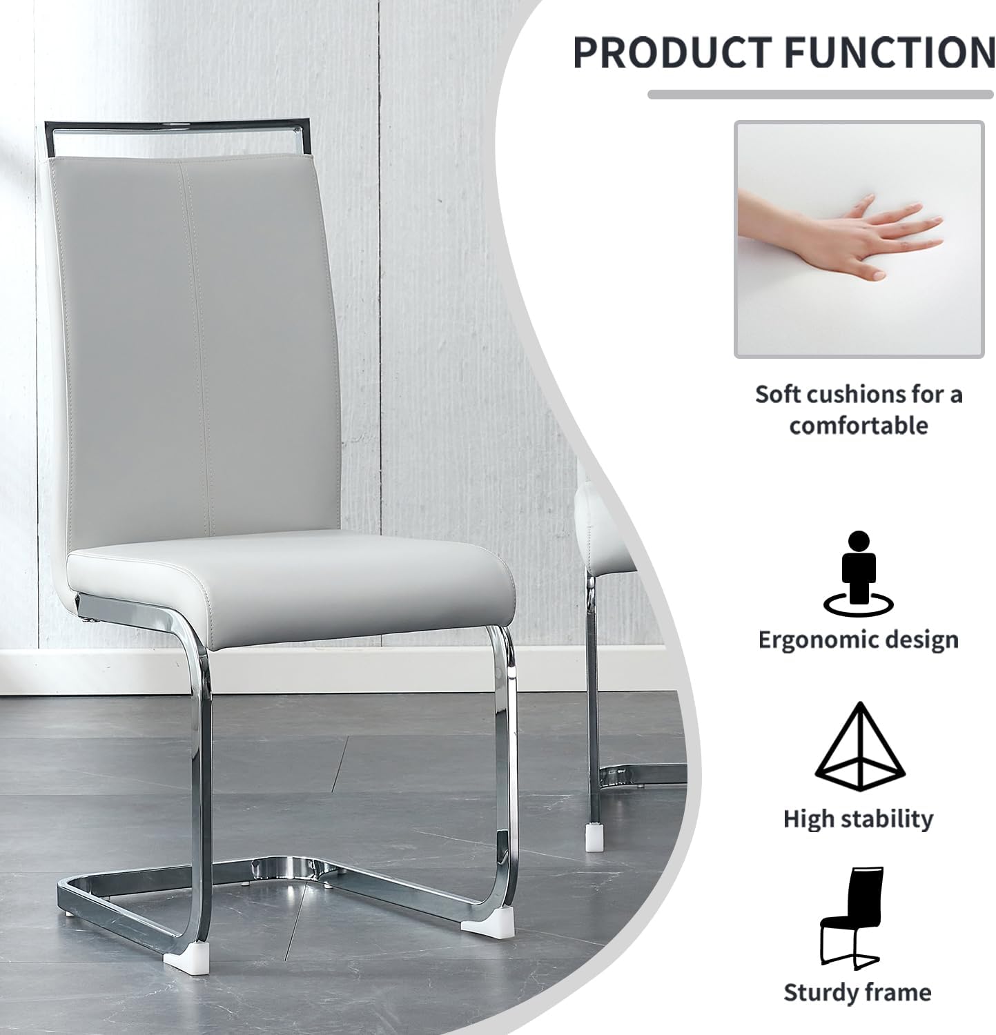 Dining Chairs Set, Kitchen Modern Metal Chairs with Faux Leather Padded Seat High Back and Sturdy Chrome Legs, Chairs for Dining Room (Light Gray, Set of 2)