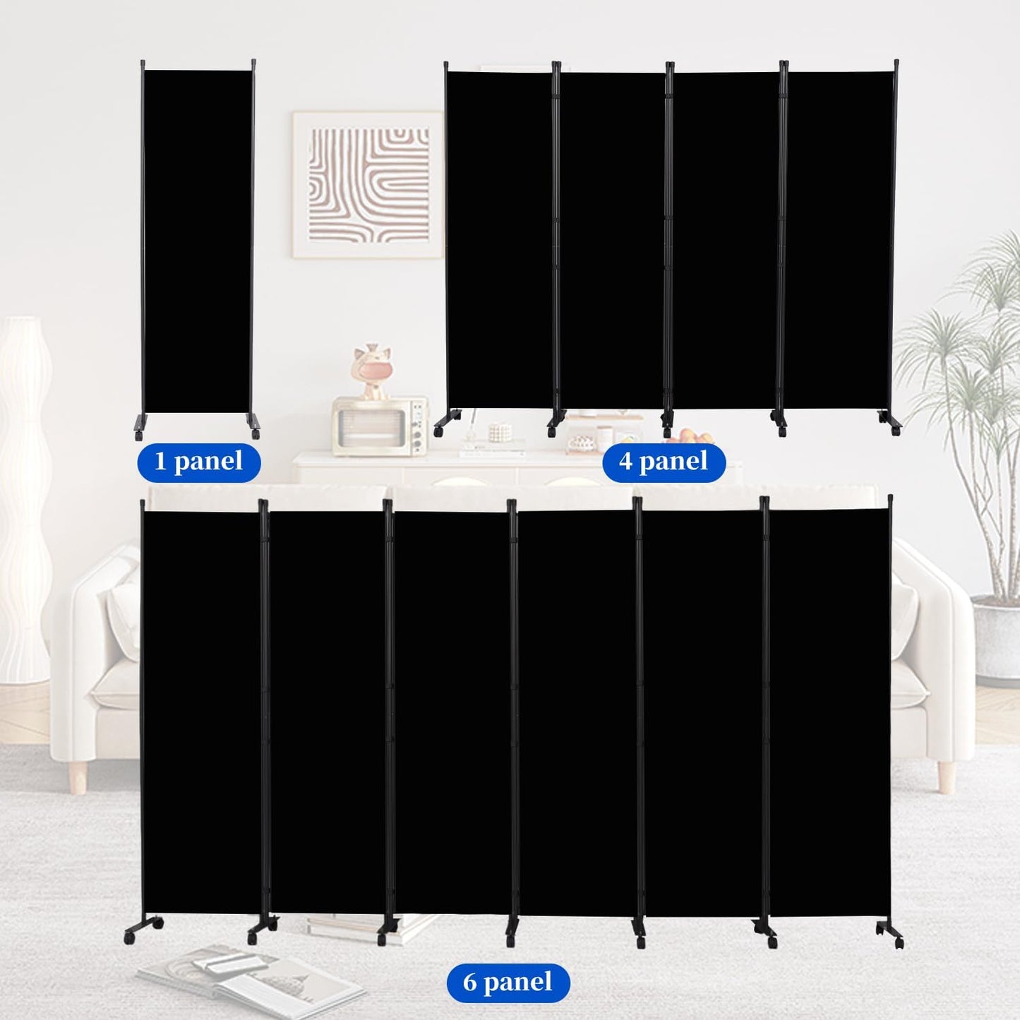 Room Divider 6FT Room Partition with Lockable Wheels, (Thicked Metal Base) Room Dividers, Freestanding Indoor Folding Privacy Screens, Portable Fabric Wall Divider for Room Separation, Black
