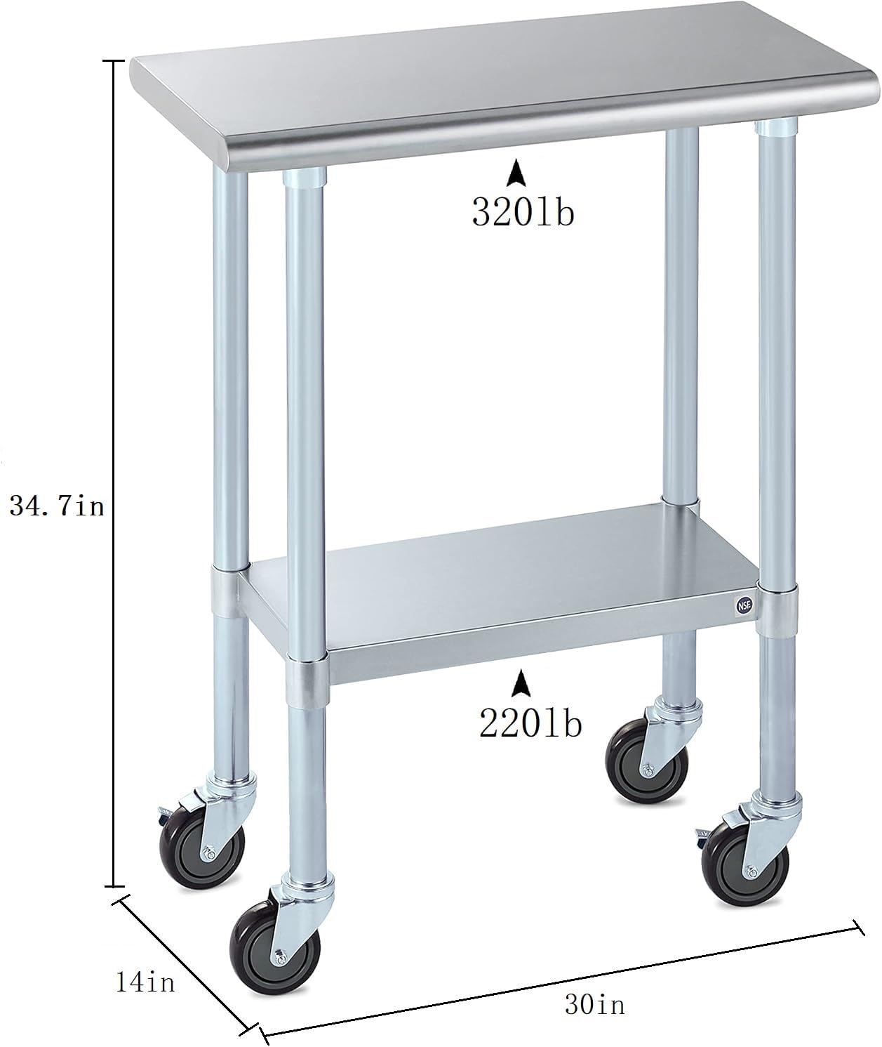 ROCKPOINT Stainless Steel Table for Prep & Work with Caster Wheels 14x30 Inches, NSF Metal Commercial Kitchen Heavy Duty Table with Adjustable Under Shelf and Table Foot for Restaurant, Home and Hotel