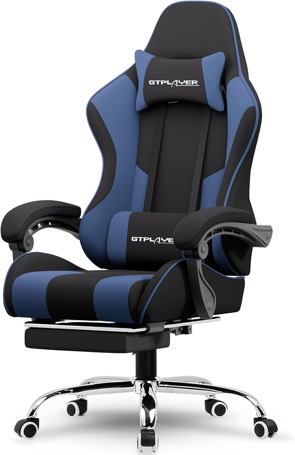 GTPLAYER Gaming Chair, Computer Chair with Footrest and Lumbar Support, Height Adjustable Game Chair with 360°-Swivel Seat and Headrest and for Office or Gaming (Blue, Fabric)