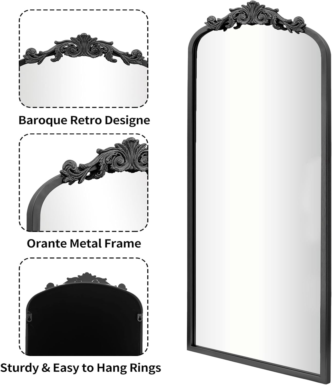 AIXI HOME Arched Black Antique Full Length Wall Mirror 22"x65", Arendahl Elegant Floor Vintage Mirror with Ornate Matel Frame, Baroque Inspired Home Decor for Bedroom/Living Room/Hallway